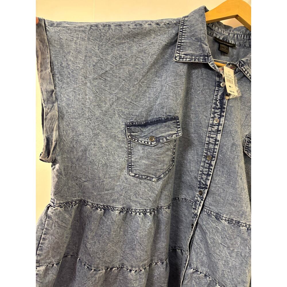 ASHLEY STEWART Denim Shirt Dress Size 32 Acid Wash Tiered NWT Cotton Button Up - Picture 2 of 8
